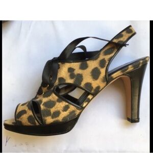 NWOT platform cloth and leather leopard print open toe heels, Ramon Tenza 6.5